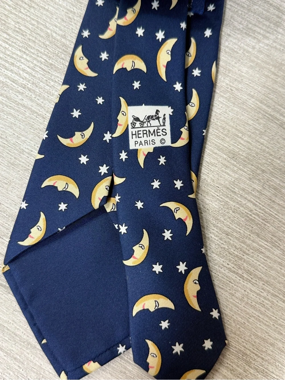 Vintage Hermes Silk Tie with Crescent Moon & Stars Pattern